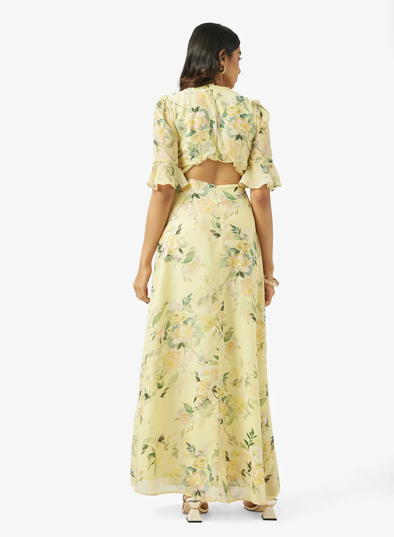 Hope & Ivy Frill Sleeve Thigh Split Open Back Maxi Dress With Lace Trim